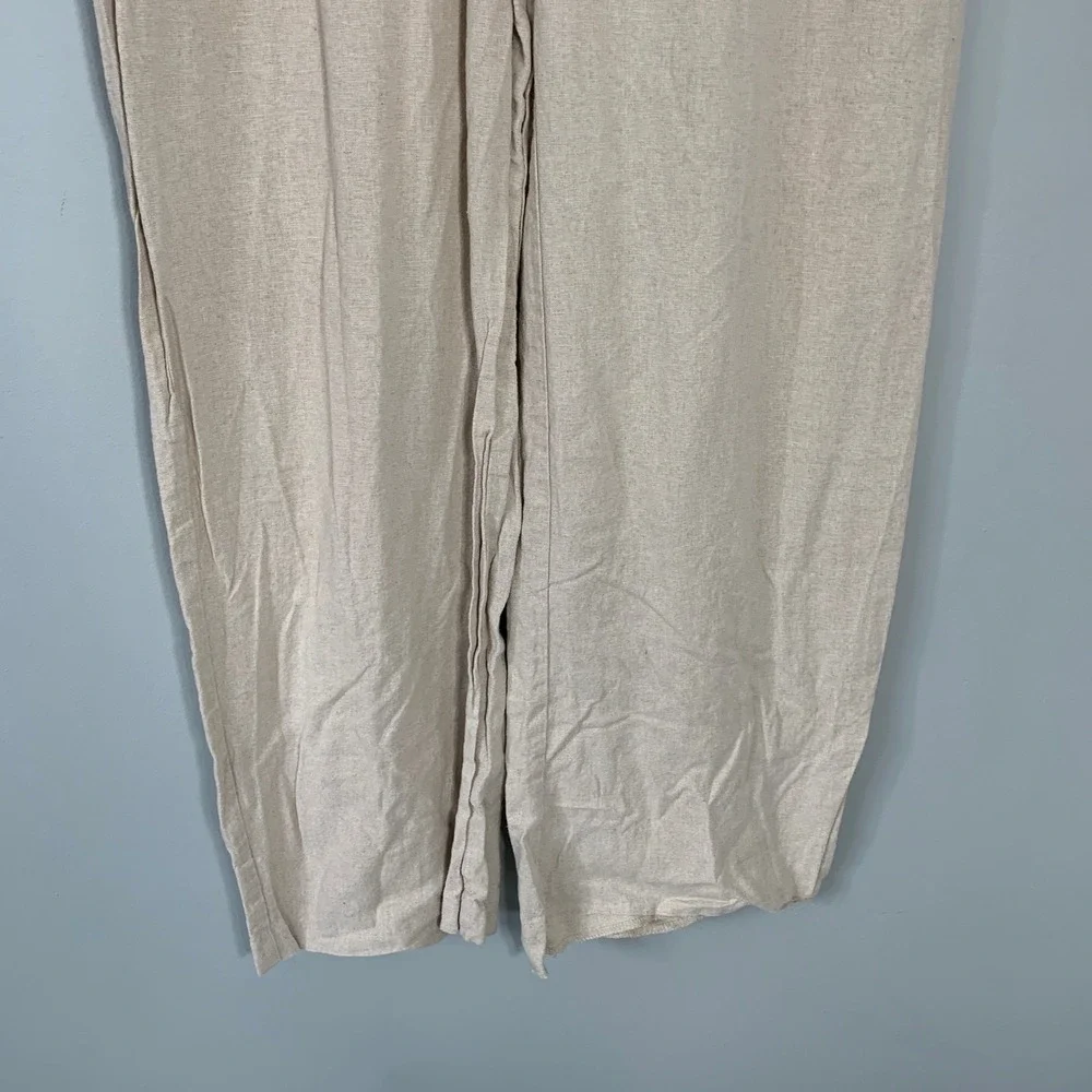 Zara Linen Blend Wide Leg Drawstring Pants‎ Beige Oatmeal Size Large